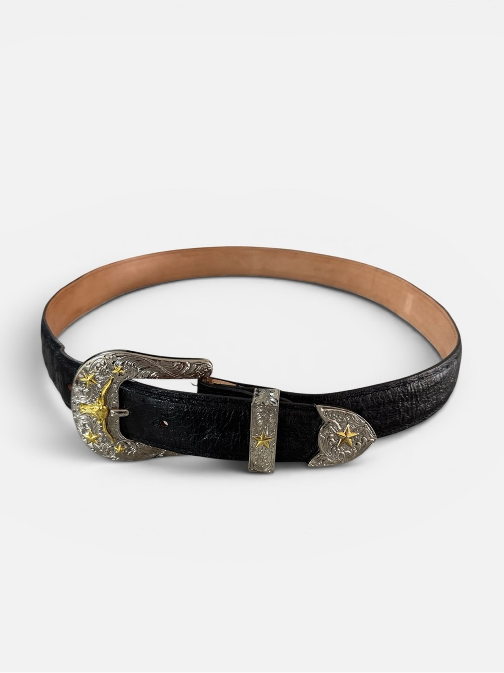 Mens 42 black Ostrich Leather longhorn mexican made western cowboy belt EUC